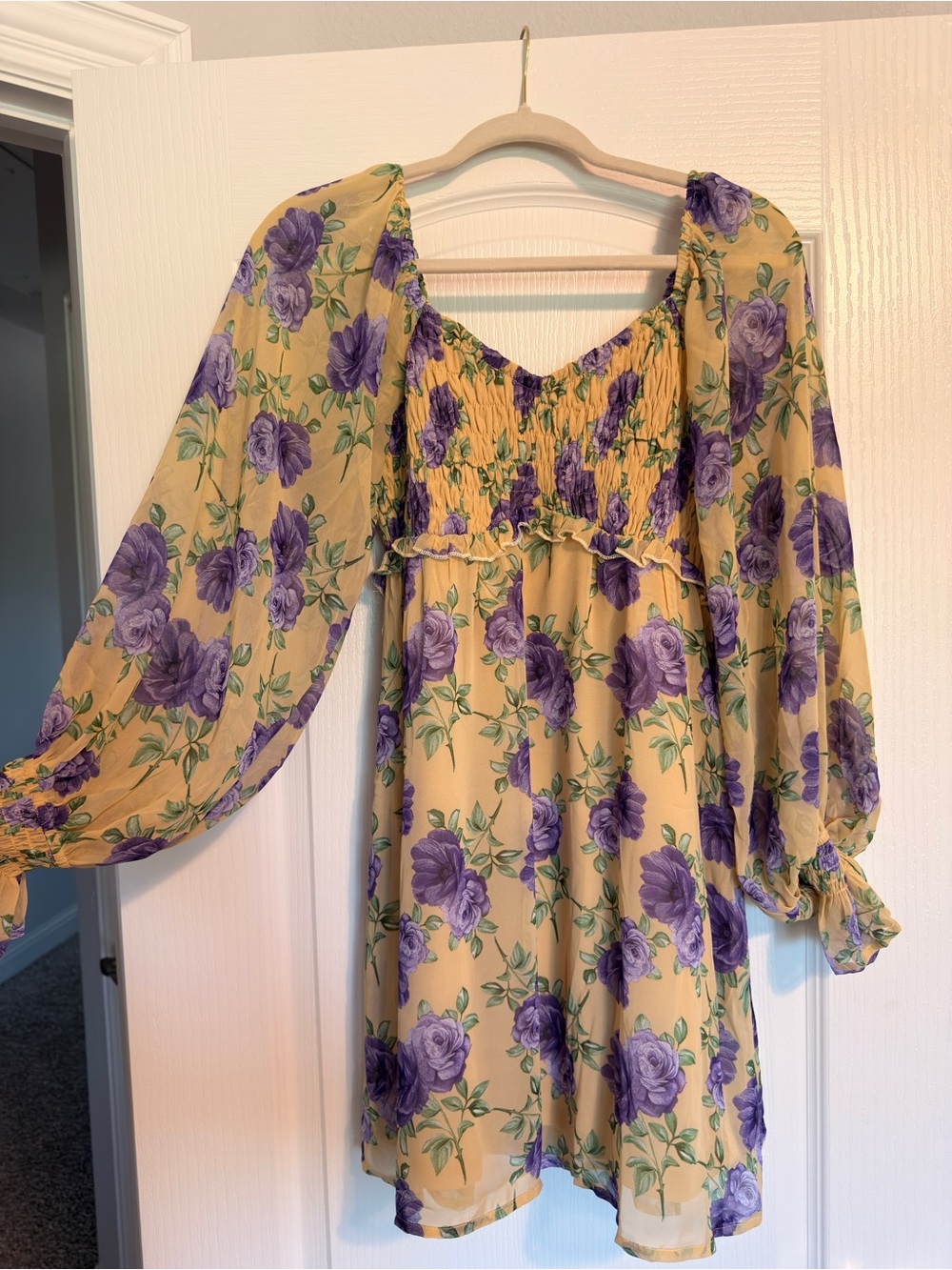 Listicle Yellow Mini Dress with Purple Rose Print